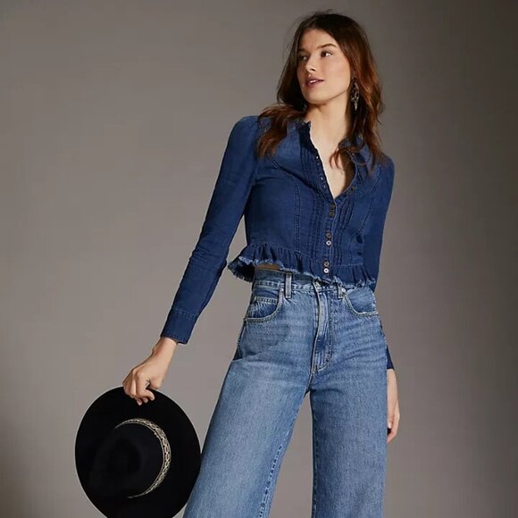 Anthropologie Pilcro Slim Buttondown top size 10 blue color - Picture 1 of 7